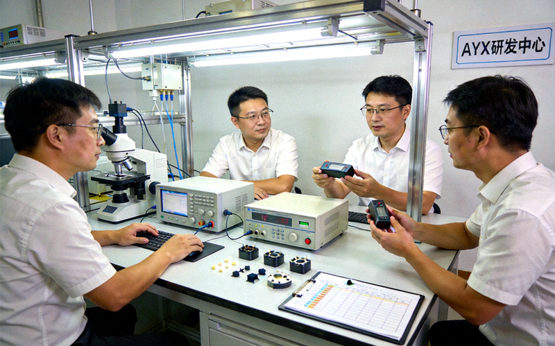 AYX品牌团队在研发中心进行产品测试与讨论